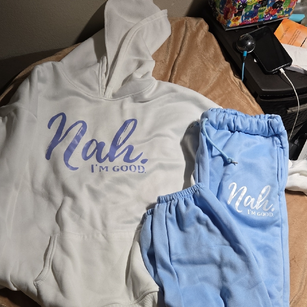 White and Blue Hoodie and Sweatpants Set